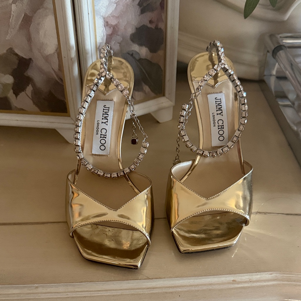 Jimmy Choo Metallic Gold Heels With Crystal Straps